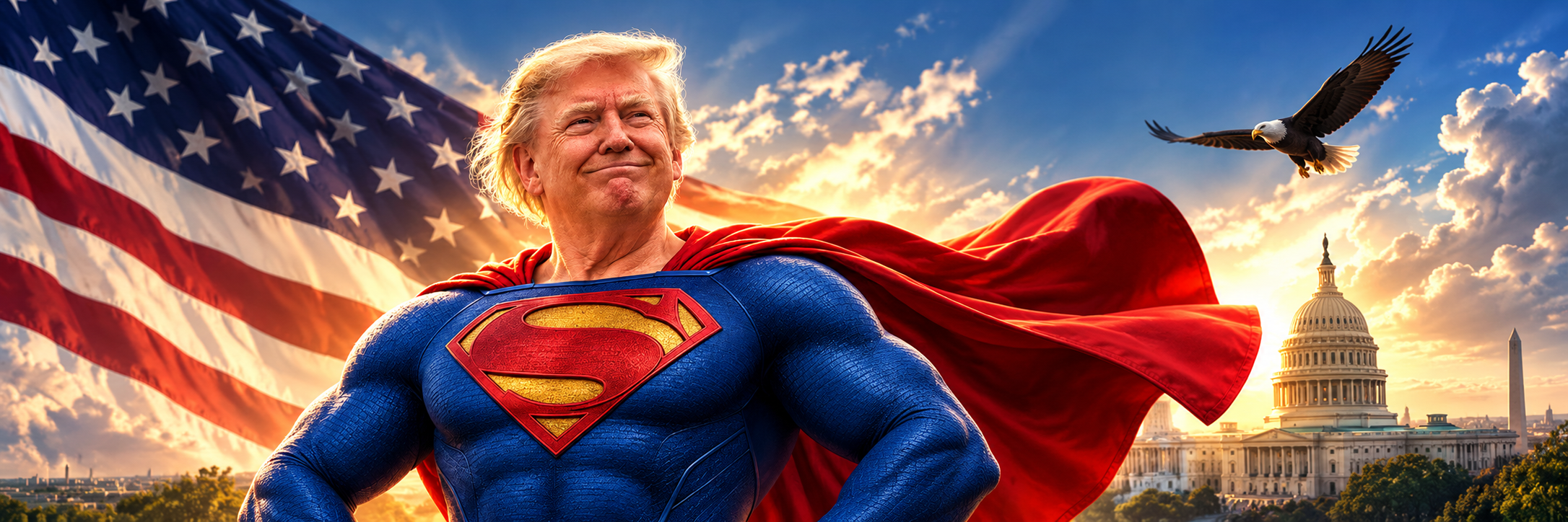 Super Trump in a blue super-suit and red cape in front of a waving American flag, with a bald eagle and the U.S. Capitol at sunset